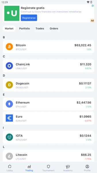 Elenco dei mercati CryptoGuru con BTC, ETH e altre coppie